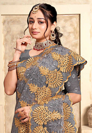 Embroidered Net Scalloped Saree in Grey