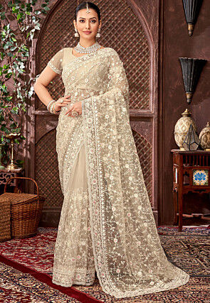 Embroidered Net Scalloped Saree in Light Beige