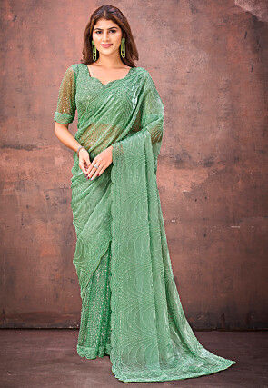Embroidered Net Scalloped Saree in Light Green