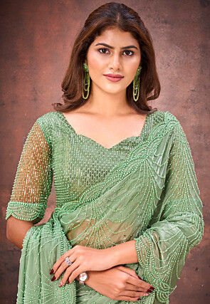 Embroidered Net Scalloped Saree in Light Green