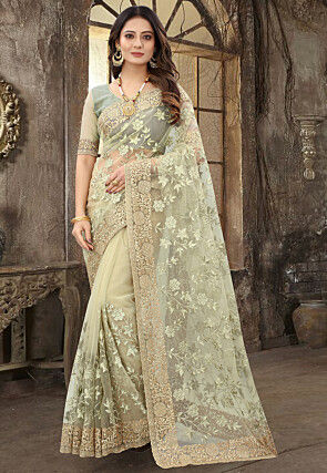 Embroidered Net Scalloped Saree in Light Green
