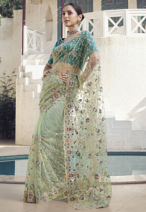 Embroidered Net Scalloped Saree in Light Green
