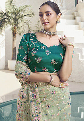 Embroidered Net Scalloped Saree in Light Green