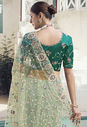 Embroidered Net Scalloped Saree in Light Green