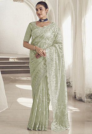 Embroidered Net Scalloped Saree in Light Green