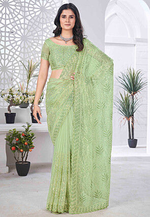 Embroidered Net Scalloped Saree in Light Green