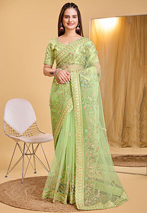 Embroidered Net Scalloped Saree in Light Green