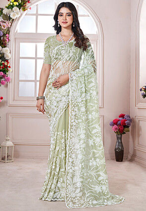 Embroidered Net Scalloped Saree in Light Green