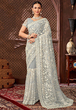 Embroidered Net Scalloped Saree in Light Grey