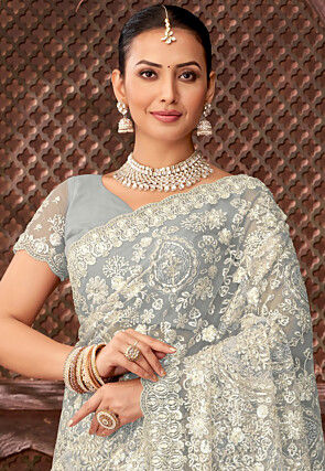 Embroidered Net Scalloped Saree in Light Grey