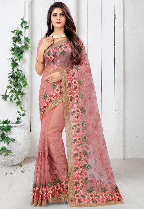 Embroidered Net Scalloped Saree in Light Old Rose