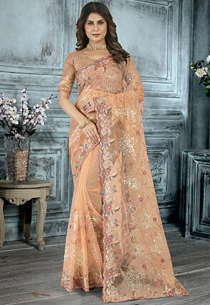 Embroidered Net Scalloped Saree in Light Orange