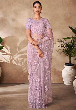 Embroidered Net Scalloped Saree in Light Purple