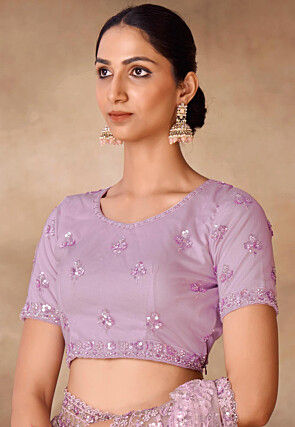 Embroidered Net Scalloped Saree in Light Purple