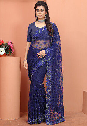 Embroidered Net Scalloped Saree in Navy Blue