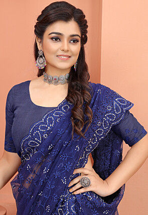 Embroidered Net Scalloped Saree in Navy Blue