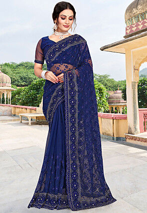 Embroidered Net Scalloped Saree in Navy Blue