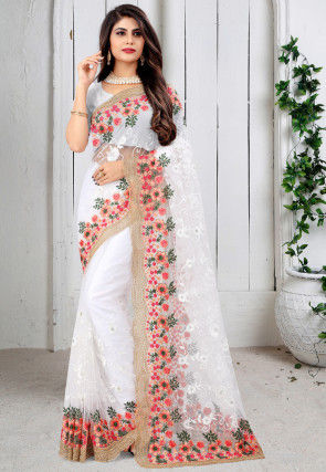 Embroidered Net Scalloped Saree in Off White