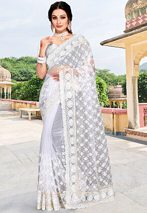 Embroidered Net Scalloped Saree in Off White