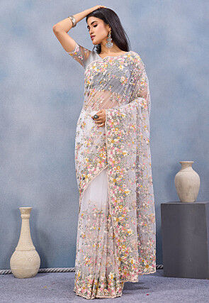 white christmas dresses Hand embroidered kantha work sari main image 0