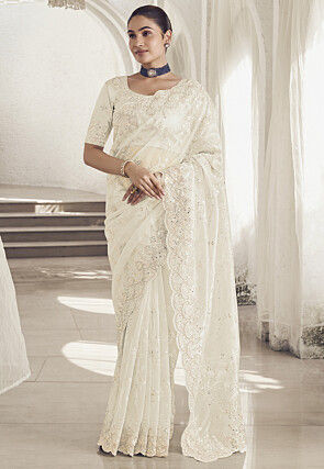 Embroidered Net Scalloped Saree in Off White