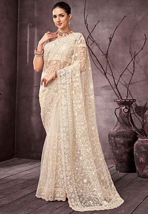 Embroidered Net Scalloped Saree in Off White
