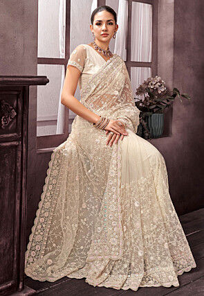 Embroidered Net Scalloped Saree in Off White