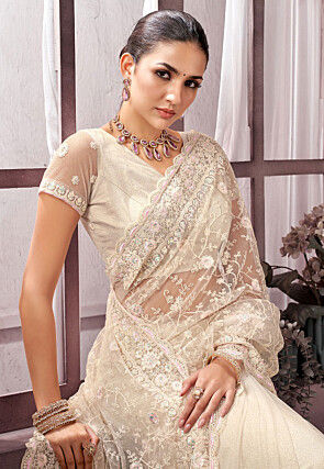 Embroidered Net Scalloped Saree in Off White