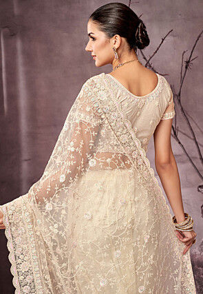Embroidered Net Scalloped Saree in Off White