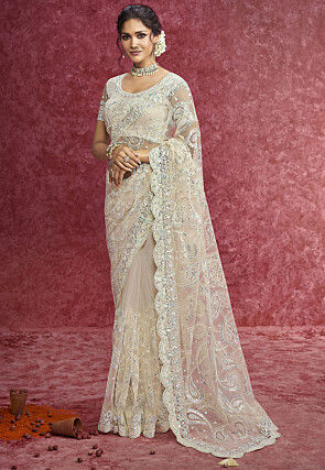 Embroidered Net Scalloped Saree in Off White