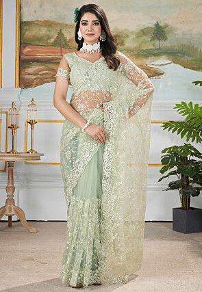 Embroidered Net Scalloped Saree in Pastel Green