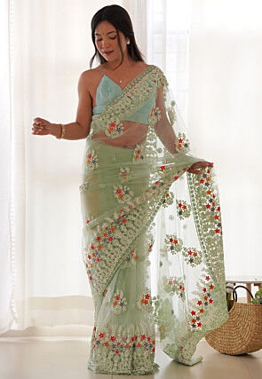 Embroidered Net Scalloped Saree in Pastel Green