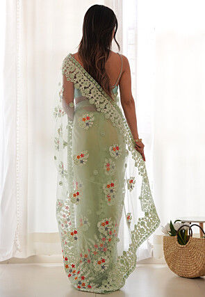 Embroidered Net Scalloped Saree in Pastel Green