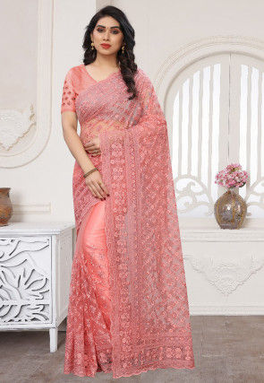 Embroidered Net Scalloped Saree in Peach