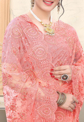 Embroidered Net Scalloped Saree in Peach