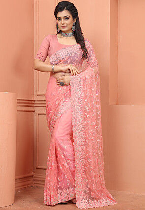 Embroidered Net Scalloped Saree in Peach