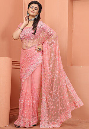Embroidered Net Scalloped Saree in Peach