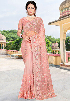Embroidered Net Scalloped Saree in Peach