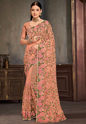 Embroidered Net Scalloped Saree in Peach