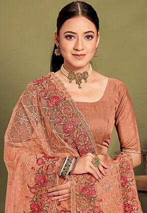 Embroidered Net Scalloped Saree in Peach