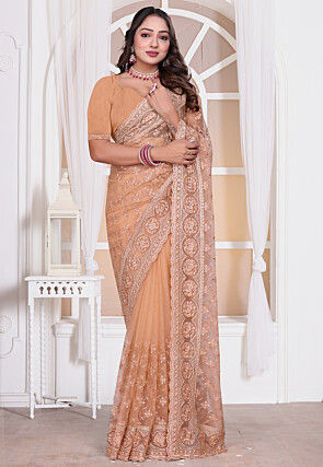 Embroidered Net Scalloped Saree in Peach