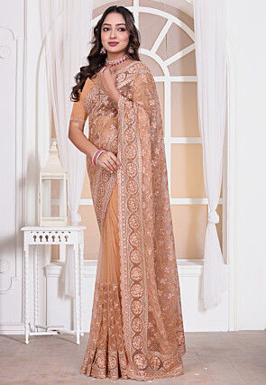 Embroidered Net Scalloped Saree in Peach