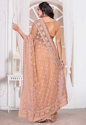Embroidered Net Scalloped Saree in Peach
