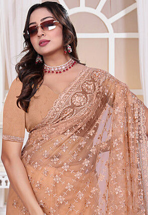 Embroidered Net Scalloped Saree in Peach