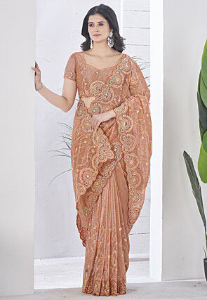 Embroidered Net Scalloped Saree in Peach