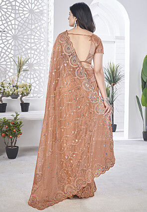 Embroidered Net Scalloped Saree in Peach