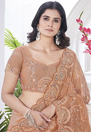Embroidered Net Scalloped Saree in Peach
