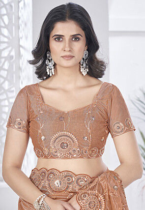 Embroidered Net Scalloped Saree in Peach