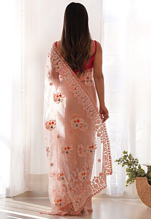 Embroidered Net Scalloped Saree in Peach