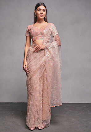 Embroidered Net Scalloped Saree in Peach